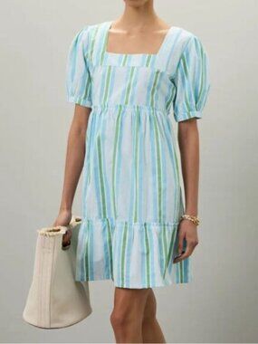 Blockprints Aria Dress Blue and Green Stripes Puff Sleeves Cotton XS